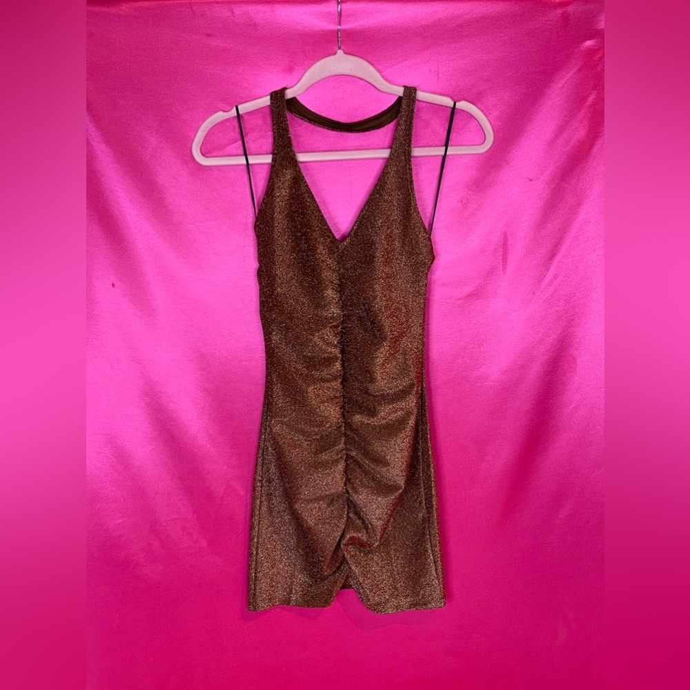 BROWN BACKLESS SPARKLE HALTER MINI DRESS